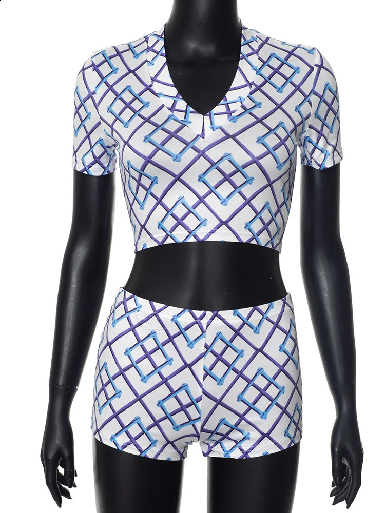 kliou Casual Matching Womens 2 Piece Set Hipster Plaid Print Short Sleeve V-neck TeesSlim Shorts Female Classic Street Outfits 250218