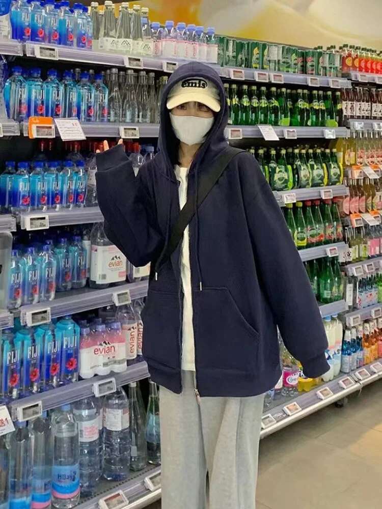 Korean Fashion Zipper Hood Sweatshirt Women Spring Long Sleeve Tops Casual Y2k Hoodies Streetwear Haruku Loose Jackets Coats