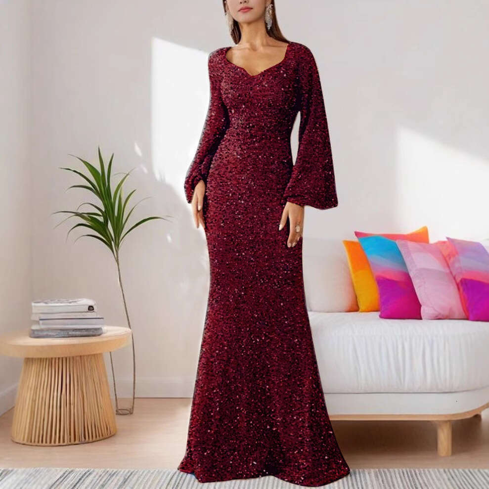 Fashionable V-neck Bag Hip Glitter European and American Mid waist Horn Sleeve Long Evening Dress 2025 Versatile New Trendy Clothing Ins