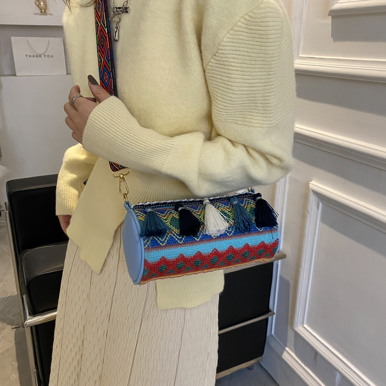 2025 Spring New Tassel Fashion Ethnic Style Contrast Embroidery Thread Cylindrical Women's Crossbody Shoulder Bag #swissmilitary