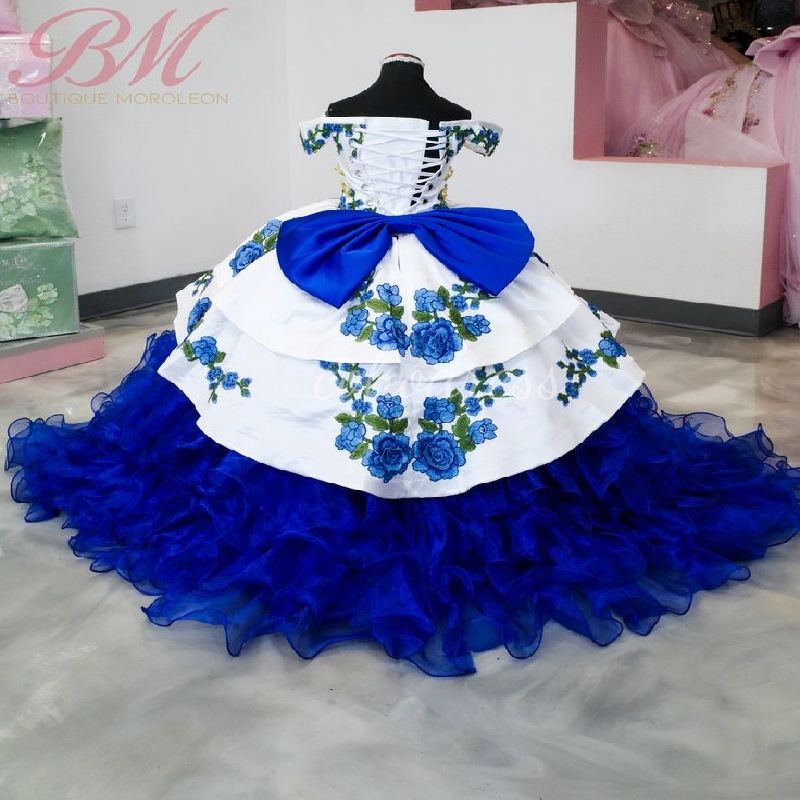 Charro Blue And White Flower Girls Dress 2025 With Flower Embroidery Vestido Mini Quinceanera Dress Tiered Birthday First Holy Communion Dress