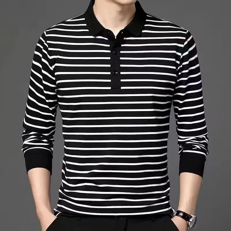 Spring and Autumn Mens Long Sleeve Tshirt with Polo Collar Black White Stripes Top Youth Casual Male Comfortable Shirt 250219