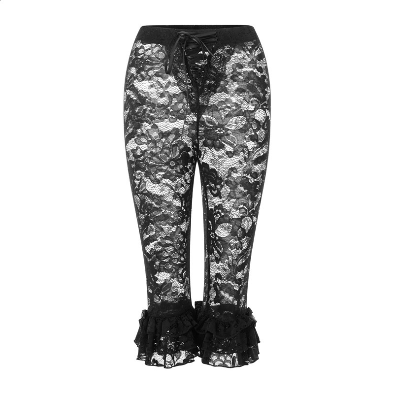 Women Floral Lace Pants Coquette See-Through High Waist Ruffles Hem Trousers Summer Casual Pants Stretch Crop Leggings 250218
