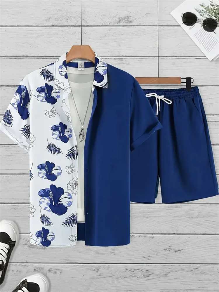New Fashion Mens Suit Lapel 3D Flower Print Shirt Short Sleeve Casual Beach Shorts Oversized 2-Piece Hawaiian Vacation Men SuitXJ250218