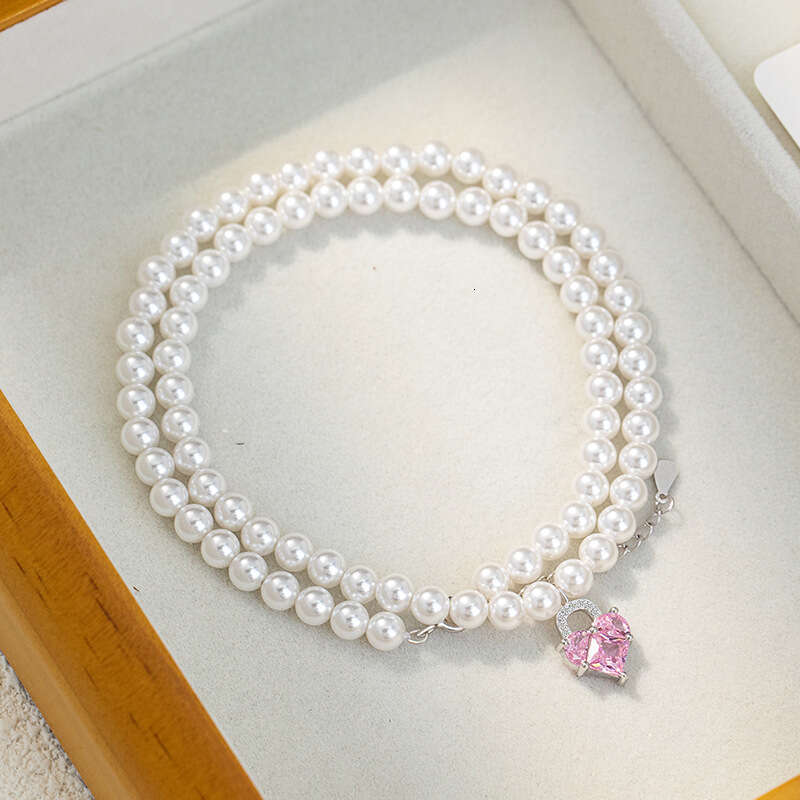 Love pure sier Shijia pearl necklace for women, light and sweet style, pink zircon collarbone chain, ins lock head pendant