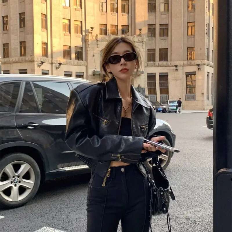 Vintage Pu Leather Motorcycle Bomber Jacket Double Zipper Long Sleeve Streetwear Autumn Short Tops Korean Chic Black Coat