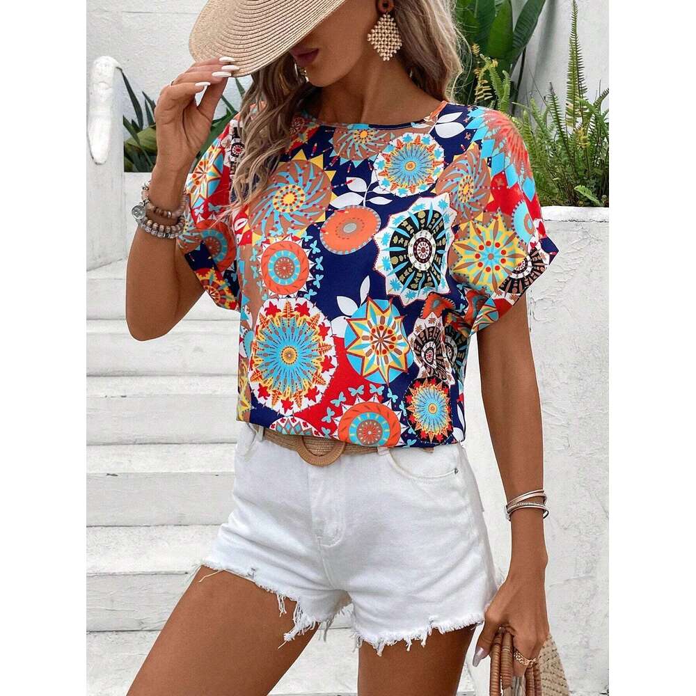 Elegant Fashionable Versatile Round Neck Printed Short Sleeved Shirt For European And American Women