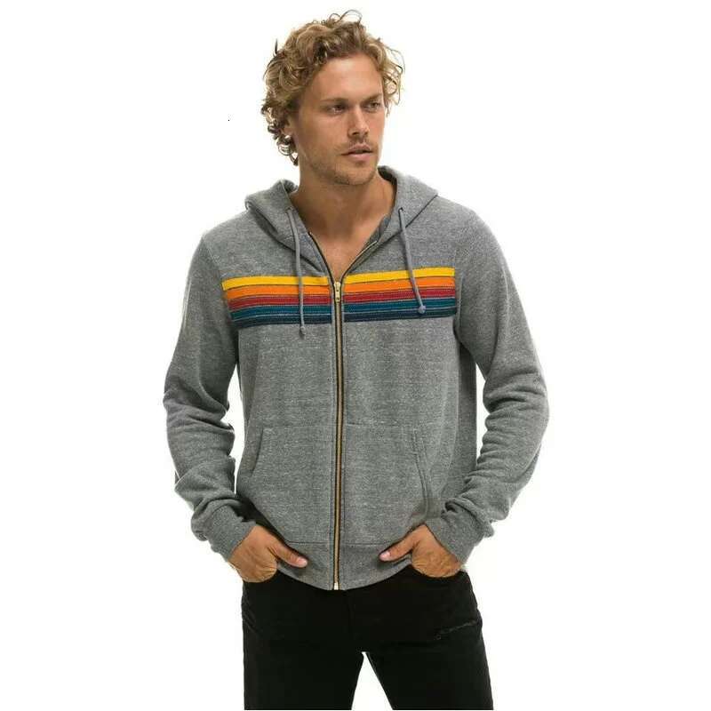 2025 Women Men Zipper Rainbow Long Sleeve Hooded Sweatershirt Haruku Elastic Hip Hop 5 Stripe Hoodies Jacket