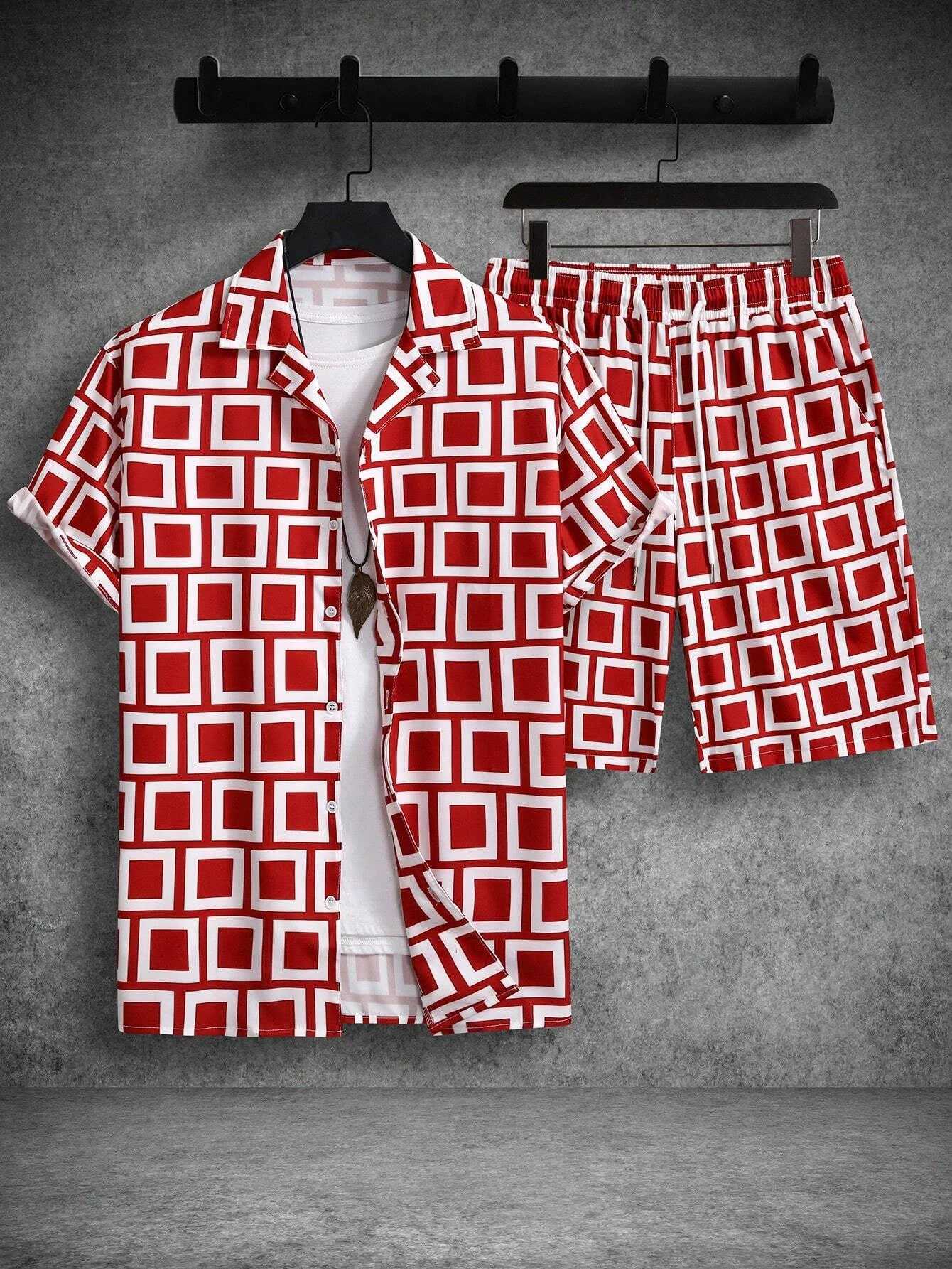 Square Stripe Splicing 3D Print Men Shirt Sets Short Sleeve Shirt Oversized Beach Shorts Streetwear Hawaiian Suits ClothesXJ250218