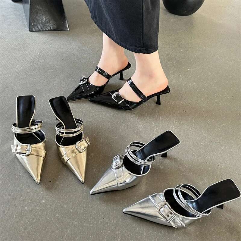 Spring Fashion Buckle Strap Woman Slippers Design Style Thin Heels Ladies Pointed Toe Shallow Shoes Slides Mules Sandals