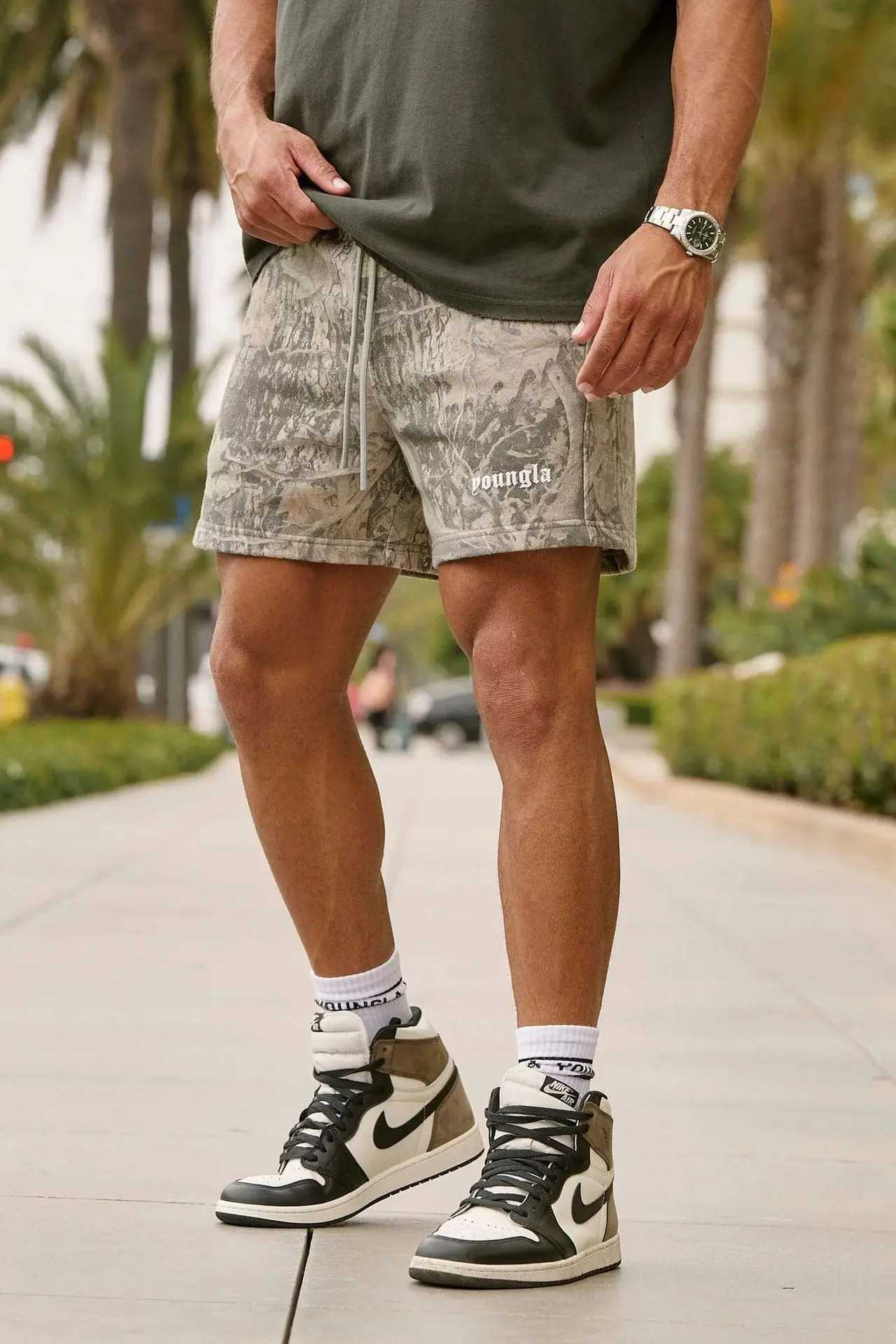 Men's Shorts American New Withered Leaf Style Shorts Mens Casual Camouflage Summer Retro Letters Stretch Loose Gym Sweatpants Beach Pants z250219