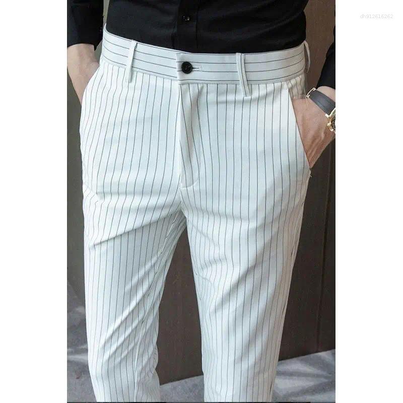 Men's Pants Clothing Business Striped Cootrast Color Slim Casual Spring Straight England Banquet Mid Chic Ankle-Length Trousers