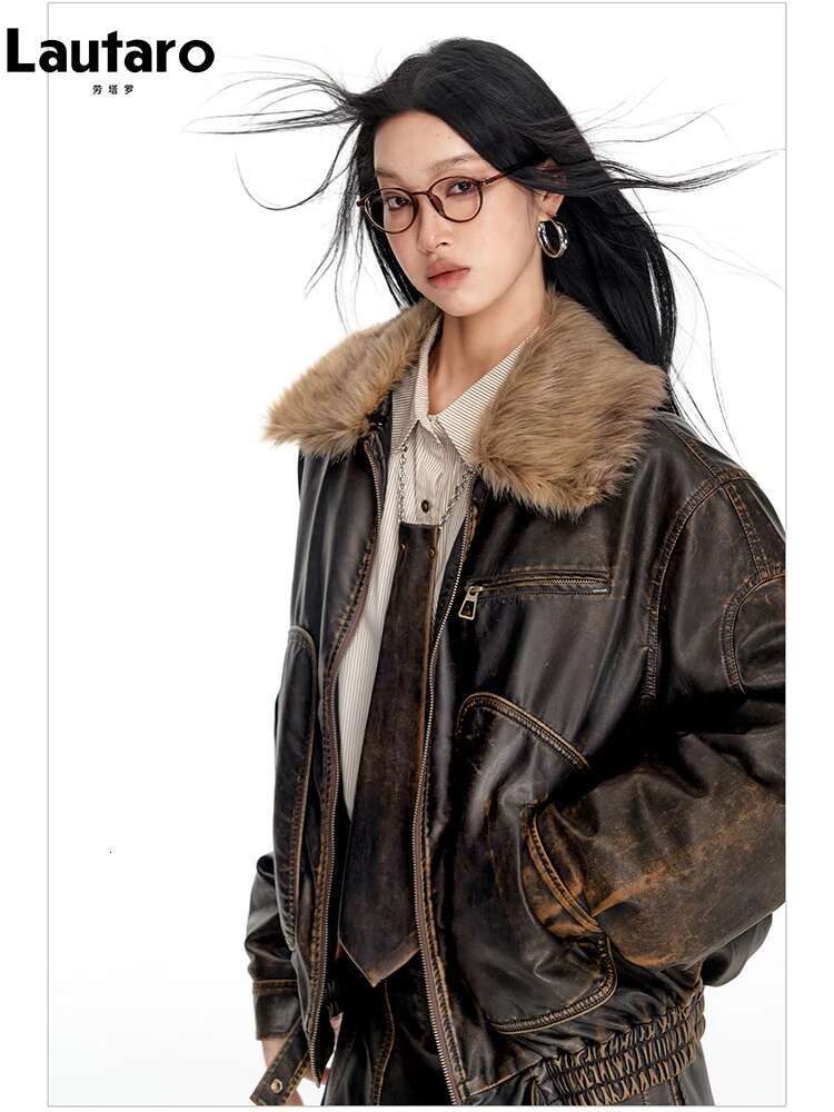 Lautaro Spring Autumn Cool Handsome Vintage Distressed Brown Pu Leather Jacket Women Faux Fur Collar Designer Clothing