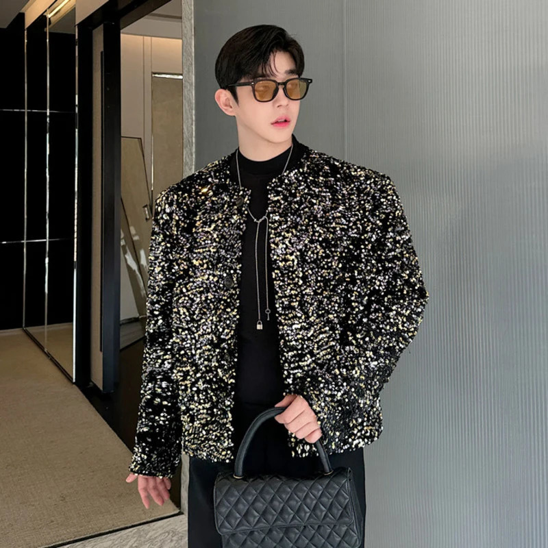 IEFB Niche n Mens Jackets Casual Collarless Sequins Single Breasted Tops Loose Solid Color Trend Male Short Coats 9C7940 250214
