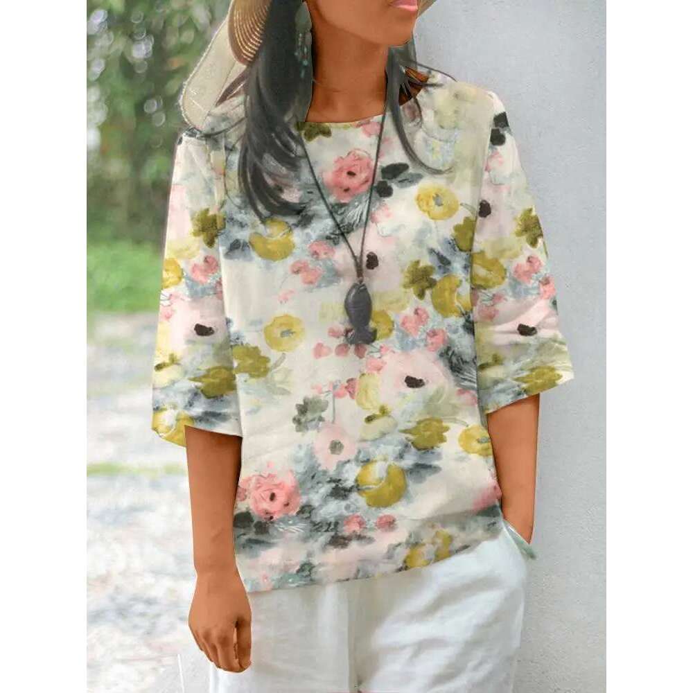 ZANZEA Women Cotton En Blouses 2024 Summer Bohemian Ral Printed Blusas Fashion 3/4 Sleeve O-Neck Top Casual Loose Shirts