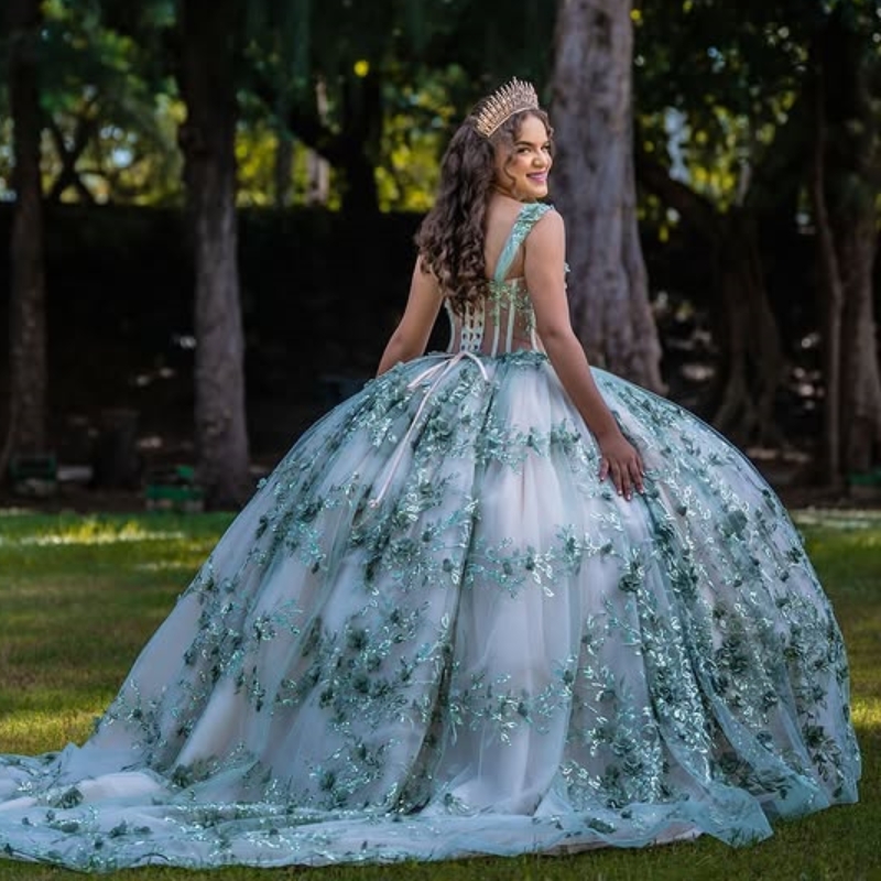 Mint Green Shiny Quinceanera Dresses Ball Gown Off The Shoulder Applique Lace Beads Tull Party Birthday Sweet 16 Dress Vestido 15 De anos