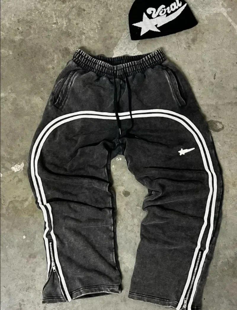 Men's Pants Letter Embroidery Design Side Flame Graphic Straight Men Harajuku Y2k Clothing 2000s Basketball Elastic Waist Sweatpants