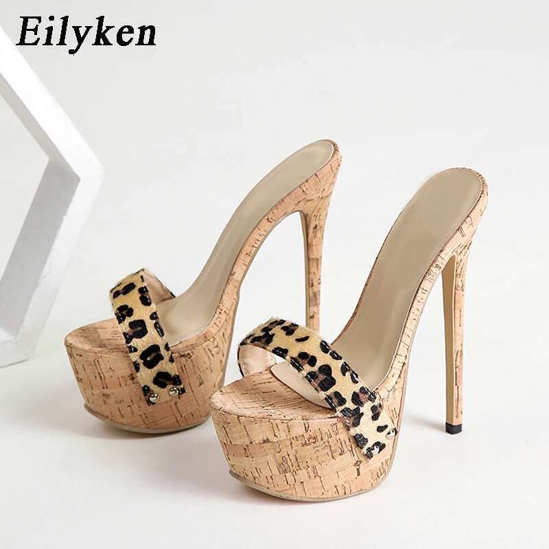 2025 New Summer Leopard Slippers Ladies Fashion Peep Toe Slip On Platform Sandals Mules High Heels 17CM Shoes Size 35-42