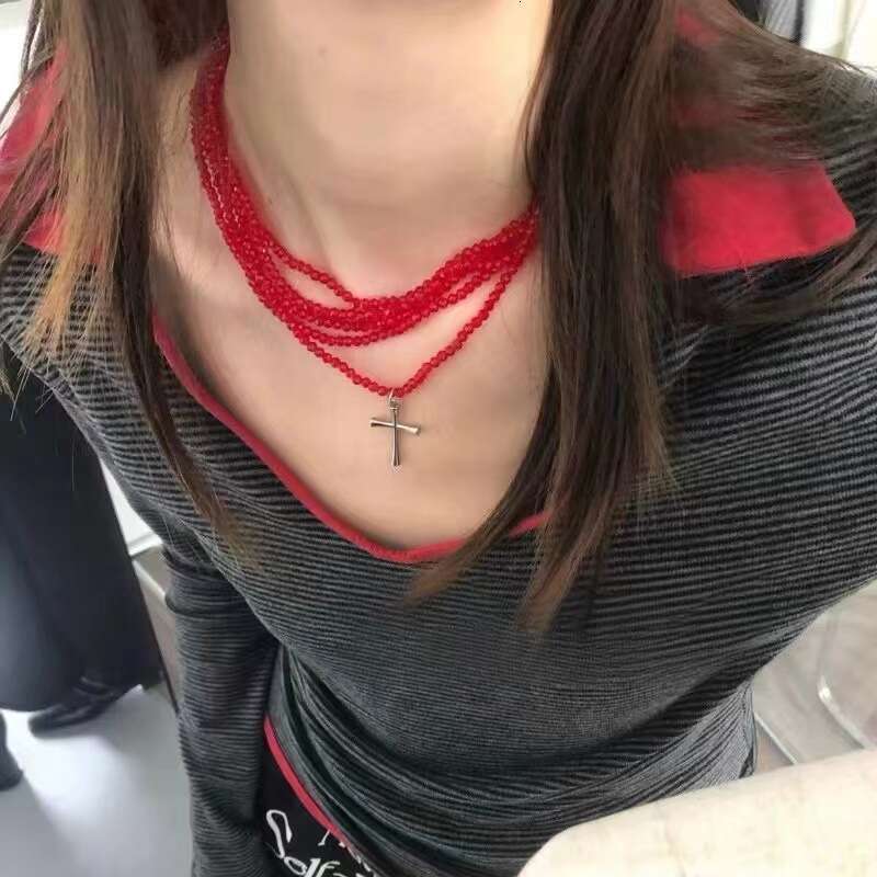 Cross Multi layer Stacked Bead Female and Male Subcultural Jewelry y2k Design Sense Clavicle Chain New