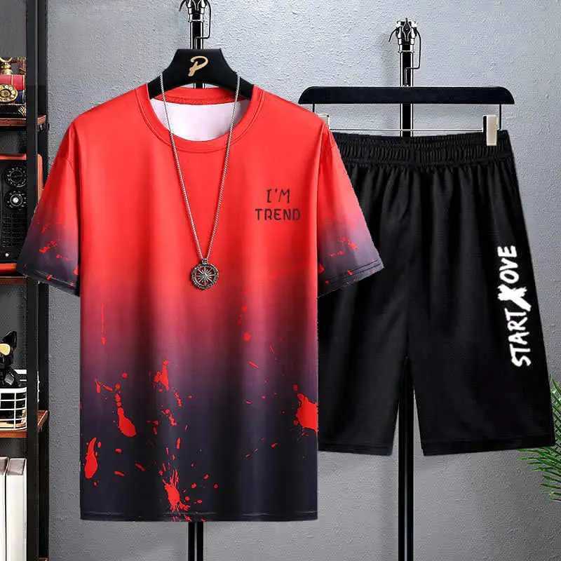 Summer mens casual suit mens thin quick drying round neck short sleeved T-shirt youth home wear sports two-piece setXJ250326