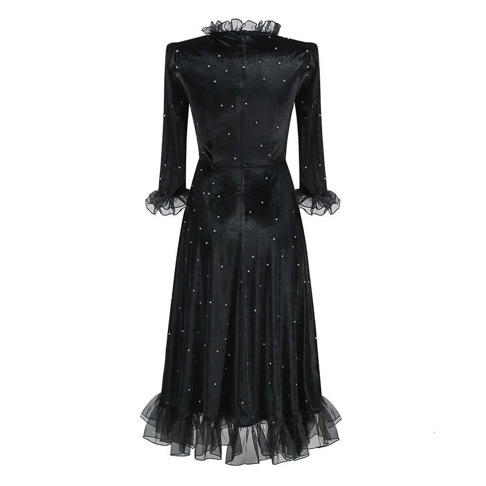 Elegant Black Dia Midi Veet Bodycon Prom Dresses Casual Ruffle Patchwork Celebrity Evening Party Runway Long Dress