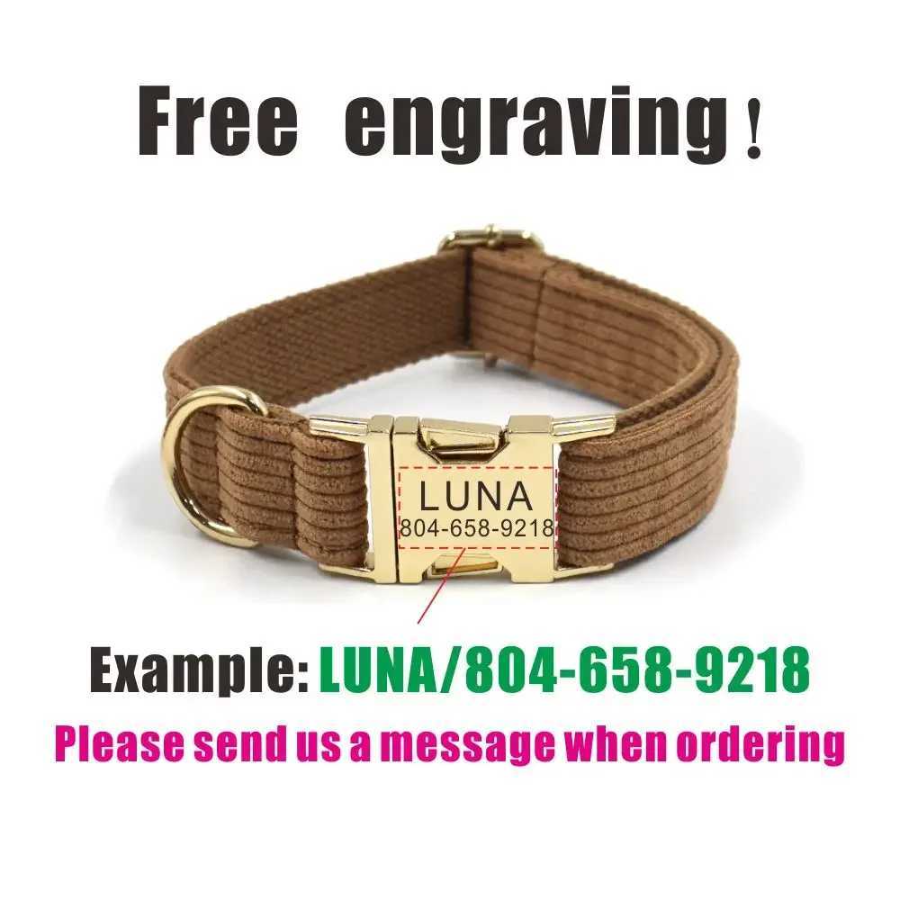 Personalized Dog Collar Custom Pet Collar Free Engraving ID Name Tag Pet Accessory Brown Corduroy Fiber Puppy Collar LeashXJ250218