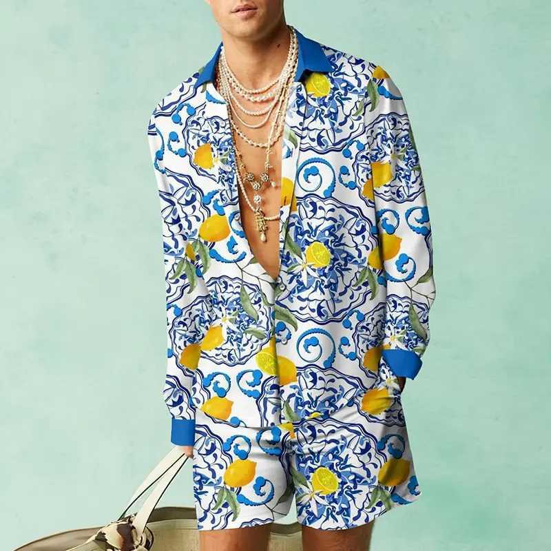 2023 Men Fashion Long Sleeve Shirt Set Hawaiian Summer Casual Beach Clothing Vacation Wear 3D Floral Printing 2 Piece Tops PantsXJ250218