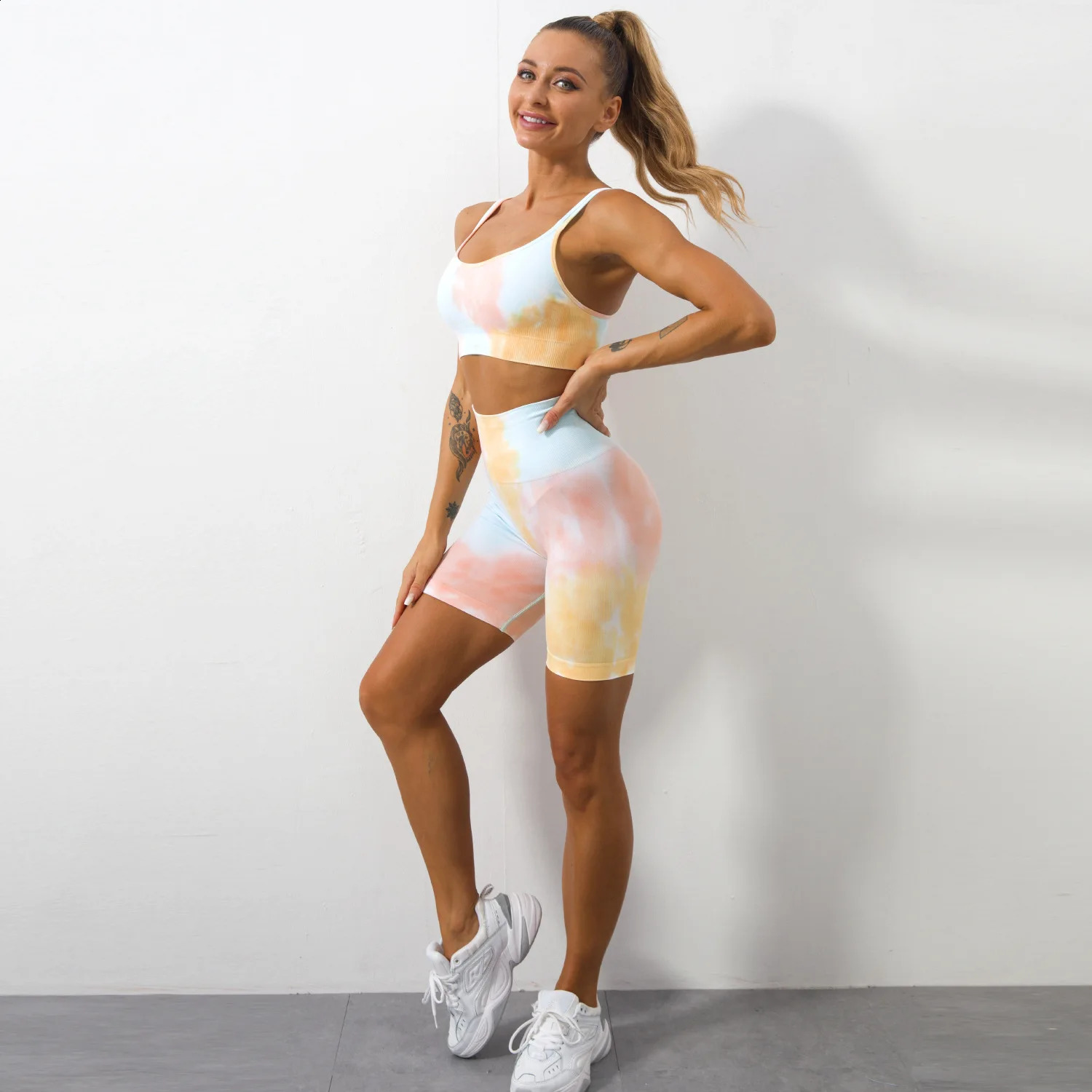1pc Woman Die dye Seamless Yoga Clothes Fashion color Crop bra Tshirt and Hip lifted running Shorts Fitness GYM Sports leggings 250219