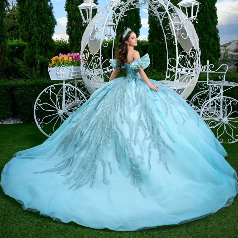 Water Blue Shiny Quinceanera Dresses Ball Gown Off The Shoulder Sequin Applique Lace Beads Tull Party Birthday Sweet 16 Dress Vestidos 15 De Anos