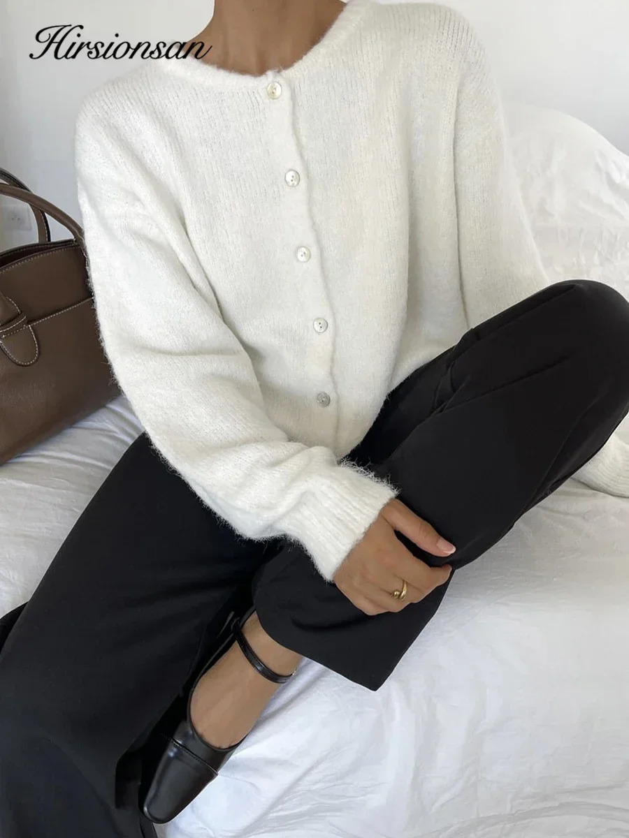 Hirsionsan Elegant Long Sleeve Sweater Women Single-Breasted Female Casual Cardigan Soft Cashmere Knitted Outwear 250214