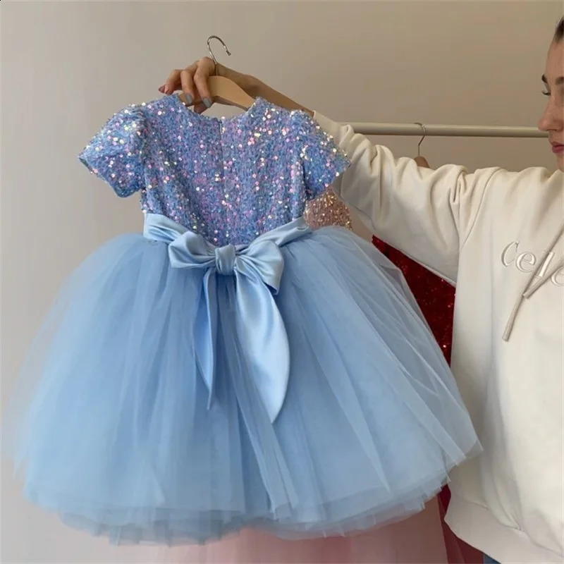 Kids Sequin Party Dress for Girls Formal Wedding Evening Ball Gown Elegant Children Birthday Princess Dress for Red Christmas 250218