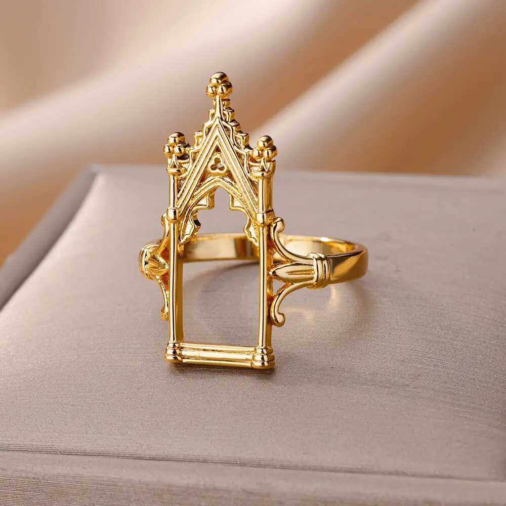 StainlESS Steel Magic Mirror Rings For Women Gold Plated Aesthetic Wedding Ring Castle Flower leaf Design Lighjt Luxury JewelryXJ250219