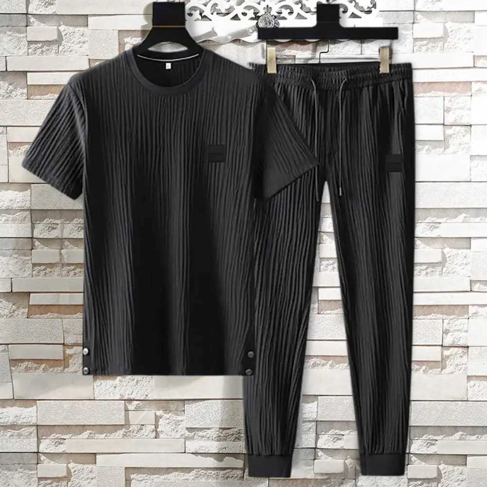Men Outfit Mens Summer Pleated Tracksuit Set Soft Breathable Shirt Pants Two-piece Casual Sports Suit for Daily Wear High IceXJ250218