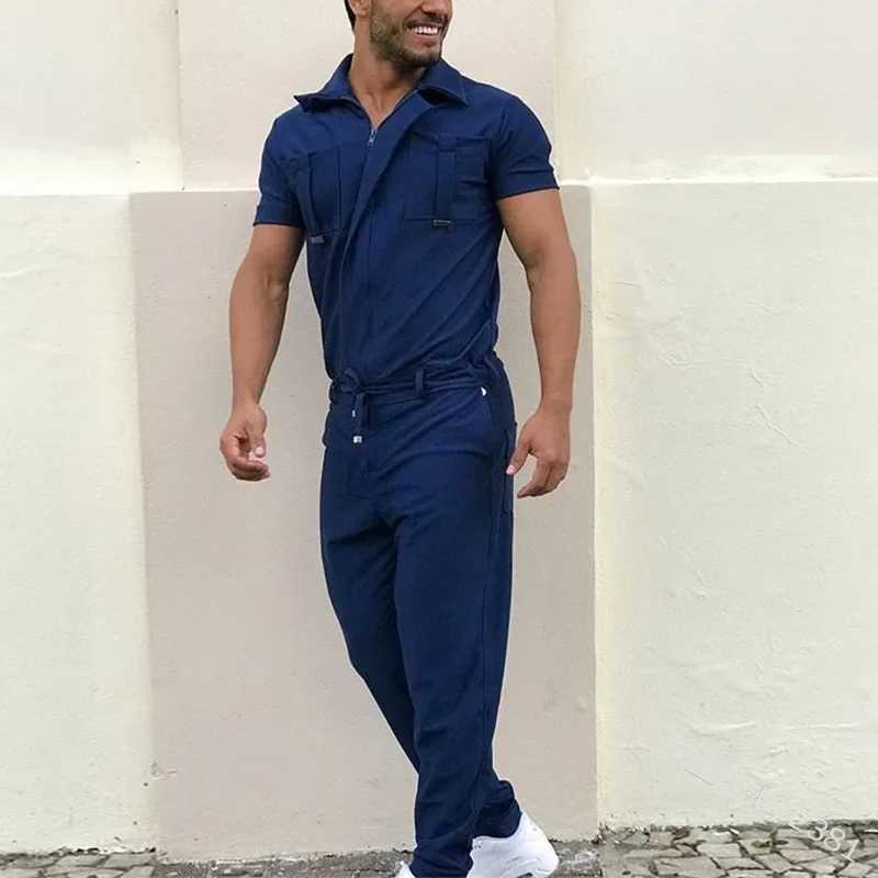 New Mens Rompers Pants Casual Loose One-piece Suit Overalls Fashion Short Sleeve Jumpsuit Streetwear Men Ropa De HombreXJ250218