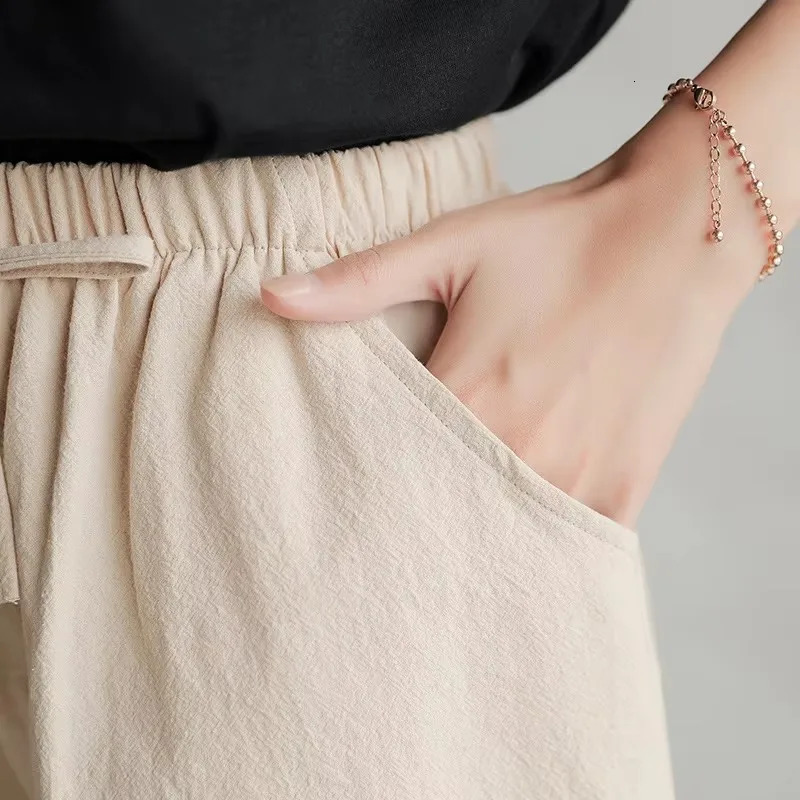 Women Shorts Spring Summer 2024 Loose Linen Cotton Solid Casual Korean Wide Leg Pant Drawstring Elastic Waist Bikers Shorts 250214
