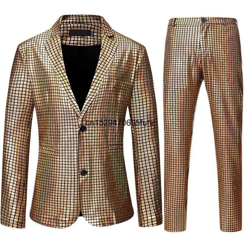 Mens Stage Prom Suits Shiny Rainbow Plaid Sequin Jacket Pants Men Dance Festival Christmas Halloween Party Costume Men 250213