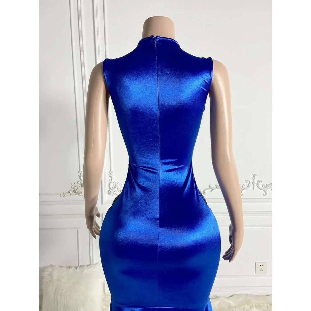 Royal Blue Sheer African American Long Prom Dresses For Black Girls Mermaid Beaded Crystals Nigeria Evening Gown Customized