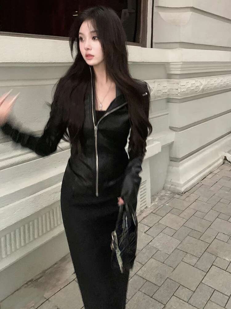 Streetwear Solid Women PU Jackets Y2k Aesthetic Zipper Slim Fit Cropped Elastic Coats Haruku Casual Black Punk Mujer Chaqueta