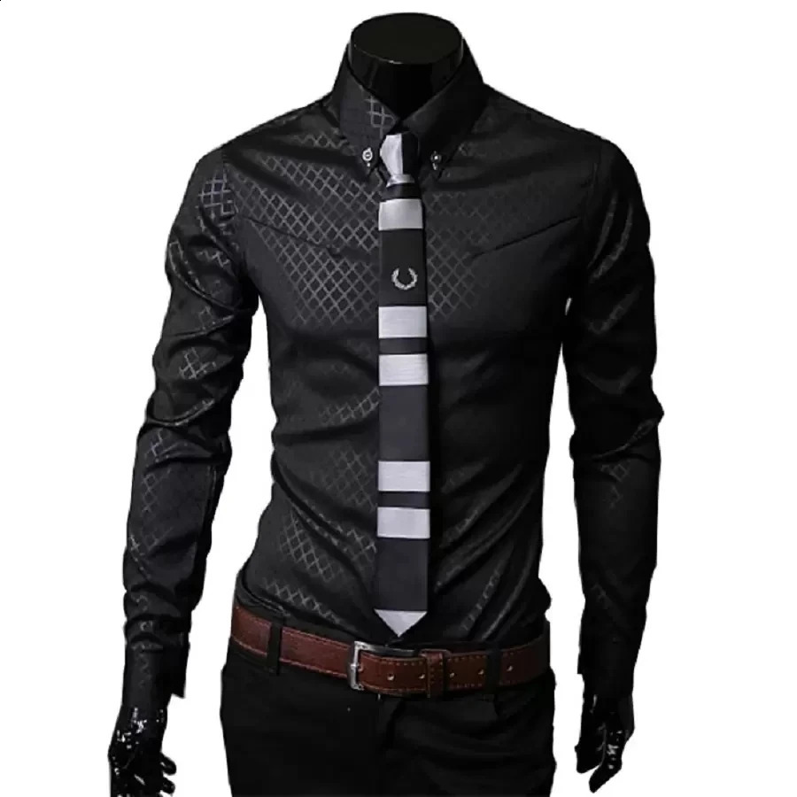 Men Plaid Shirts Mens Dress Shirts Long Sleeve Slim Casual Black White Social Male Clothes Chemise Homme Shirt S09 250214