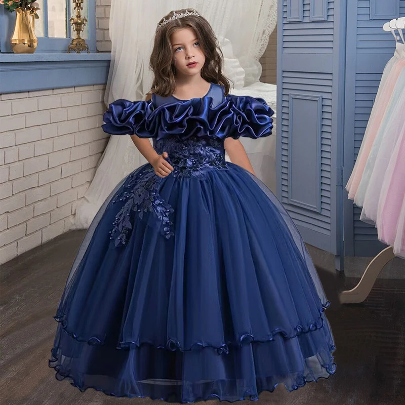 Elegant Girl Party Dress Long Wedding Bridesmaid Dress 4-13 Year Old Mesh Embroidered Graduation Ball Evening Dress 250311
