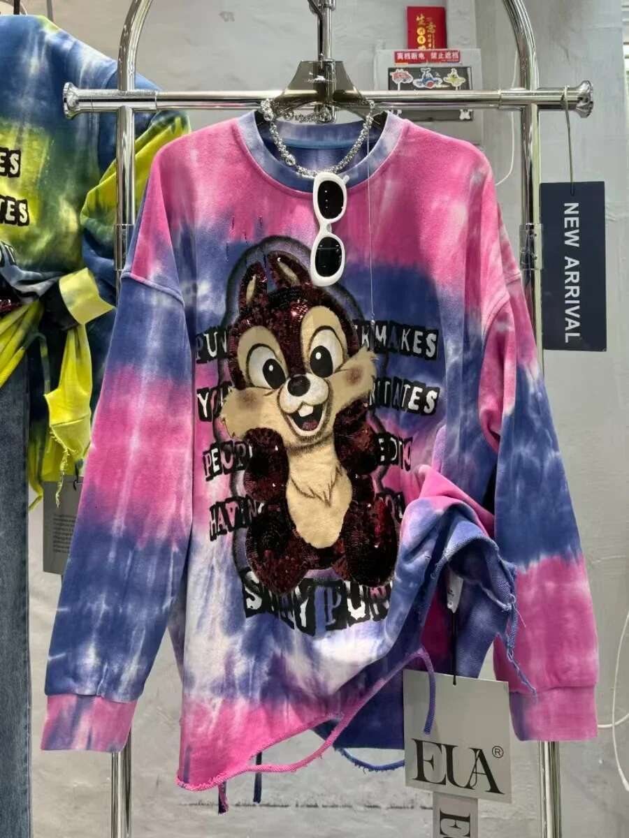 Heavy Industry Sequined Tie-dye Cartoon Squirrel Sweatshirts 2024 Autumn New Loose Fashion Mid Length Top Streetwear Women