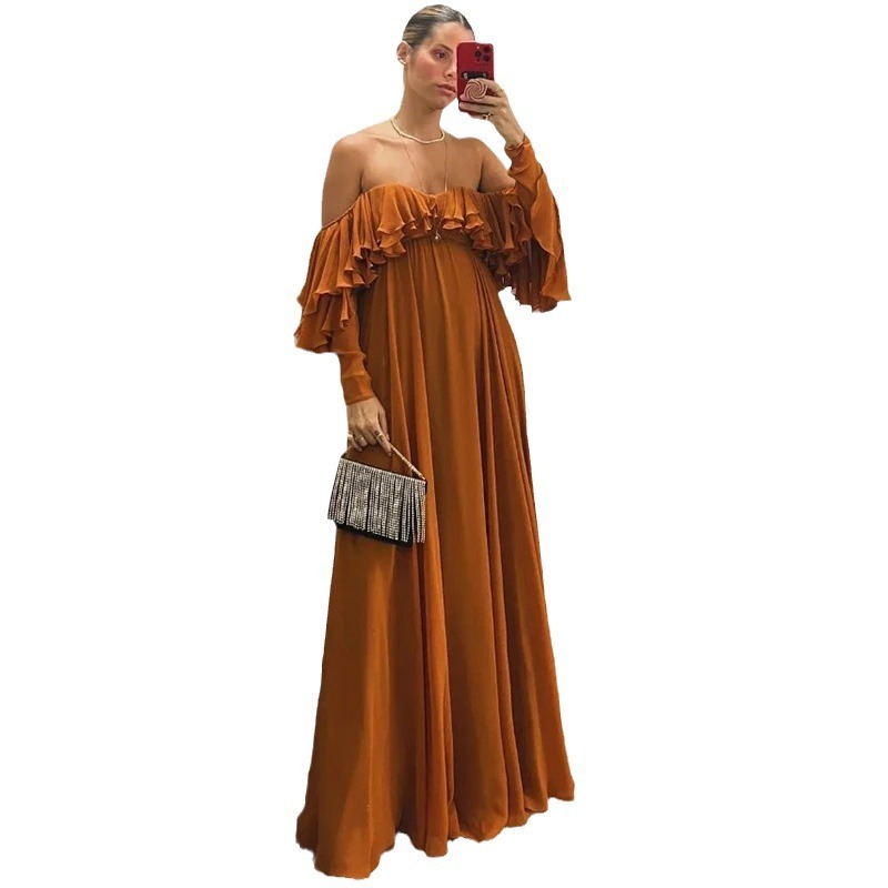 european and american 2024 spring/summer women's dress sweet and fresh solid color ruffle long sleeve dress with elegant style
