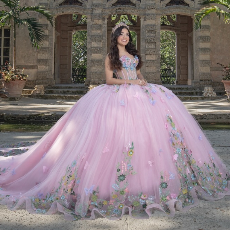 Pink Shiny Quinceanera Dresses Ball Gown Off Shoulder Appliques Lace Bow Beads Tull Sweet 16 Dress Vestidos 15 De Anos