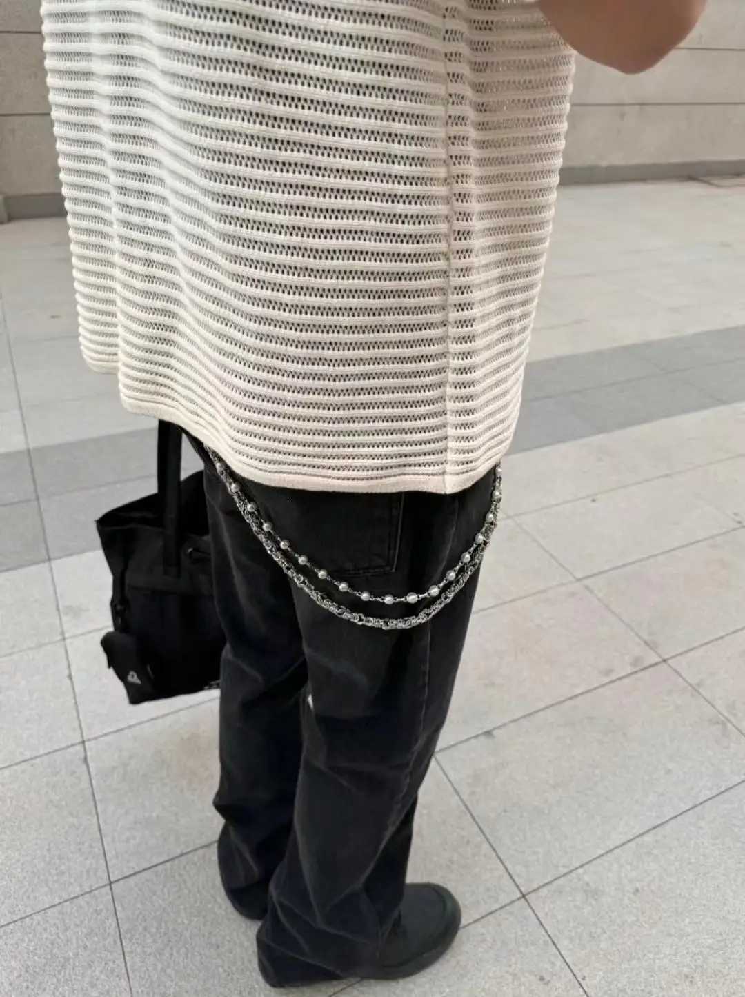Fashionable and minimalst mens double-layer pearl sheepskin sheath with retro hip-hop punk style keychain y2k pants chain acce W250218