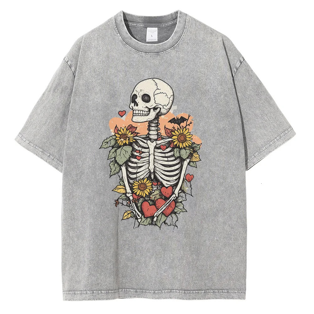 Heavyweight Cotton T Shirts Cute Skeleton Graphic Distressed Washed T Shirt Drop Shoulder Retro Gothic Oversized Tops 250217