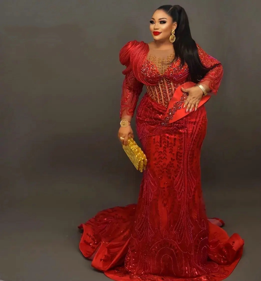 Luxury Plus Size Red Long Sleeves Mermaid Evening Dresses Sparkly Crystals Beaded Prom Dresses Sequins African Engagement Reception Party Gowns Customized