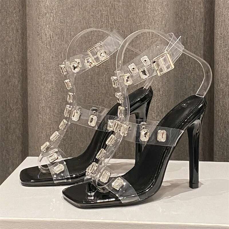Sexy Crystal PVC Transparent Buckle Strap Woman Sandals Elegant Square Toe Thin High Heels Designer Ladies Shoes