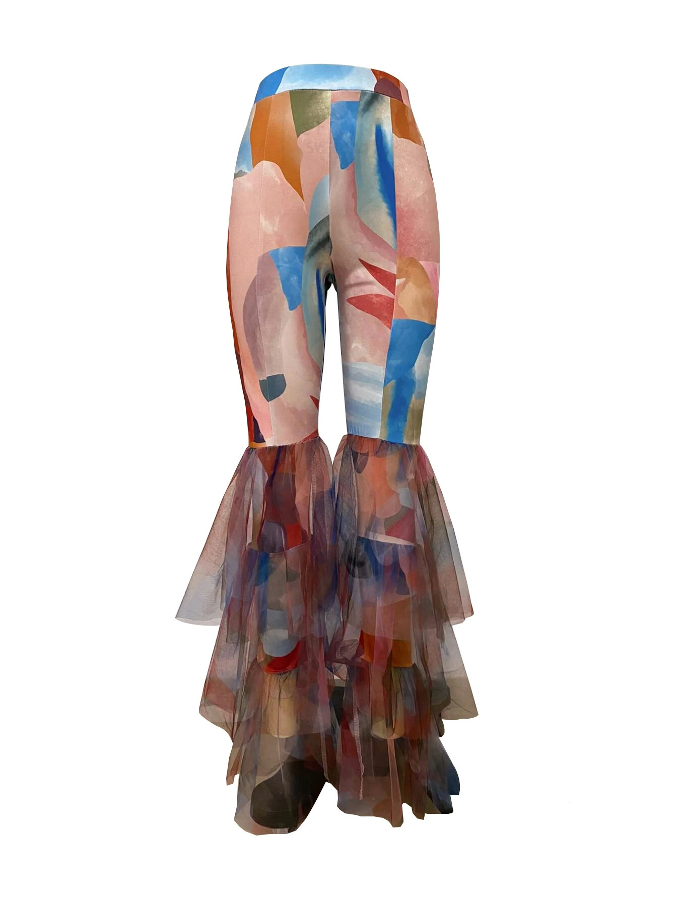 2115European and American womens fashion slim sexy ruffled mesh patchwork printed pants 250218