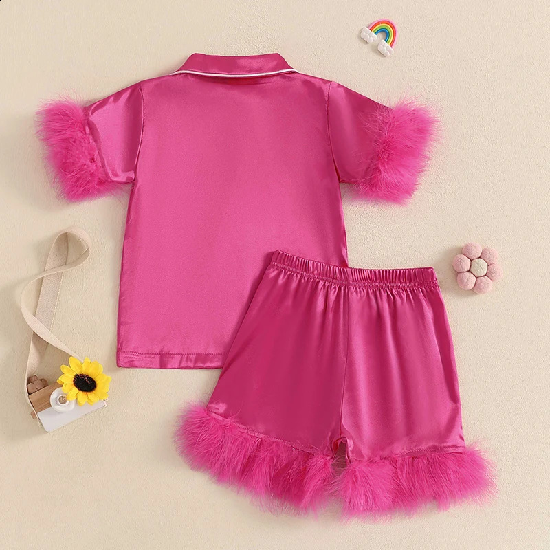 Summer Children Kids Baby Girls Pajamas Sets Satin Feather Patchwork Button Short Sleeves Shirt with Elastic Shorts Loungewear 250218