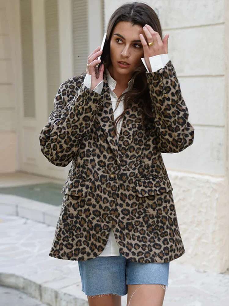 Vintage Leopard Women's Jacket Casual Lapel Single Button Coat Long Sleeve Jackets 2024 Autumn Lady New In Coats Outwears
